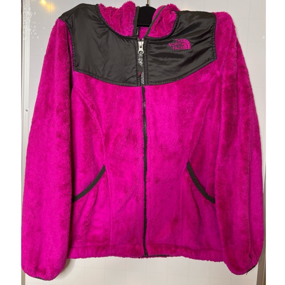Fuzzy pink The North Face zip-up jacket w/hood, Size 14/16 (kids)